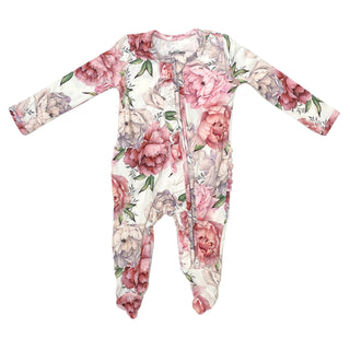 Organic Bamboo Viscose Ruffle Zipper Romper with Feet Grip - Peony Print